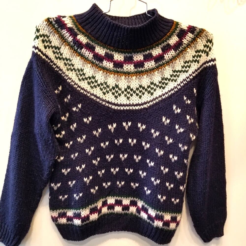Vintage Currents‎ Custom Knit Turtleneck Sweater Alpine Ski Resort Navy White L